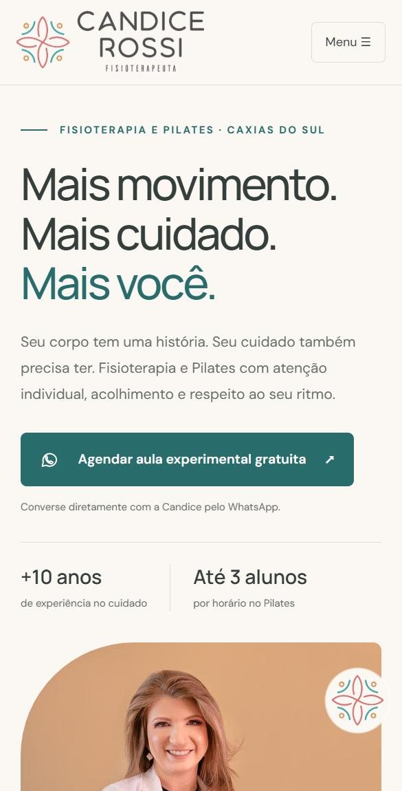Site da fisioterapeuta Candice Rossi no celular